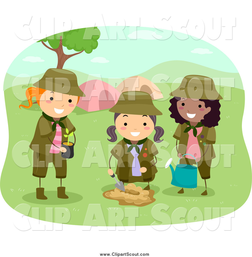 Clipart Of Girl Scouts Planting A Tree By A Camp Site By Bnp Design