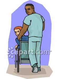 Male Nurse Pushing Someone In A Wheelchair   Royalty Free Clipart    
