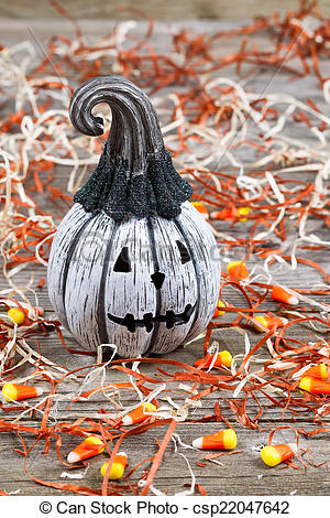 Stock Photo Of Scary Black And White Halloween Pumpkin On Rustic Wood    