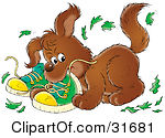 Clipart Illustration Of A Bad Puppy Chewing Up A Pair Of Green Shoes