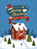 Merry Christmas Greeting Posters With Red House Stock Photography