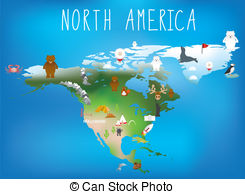 North America Map For Childrens Using Cartoons Of Animals And Fa Stock