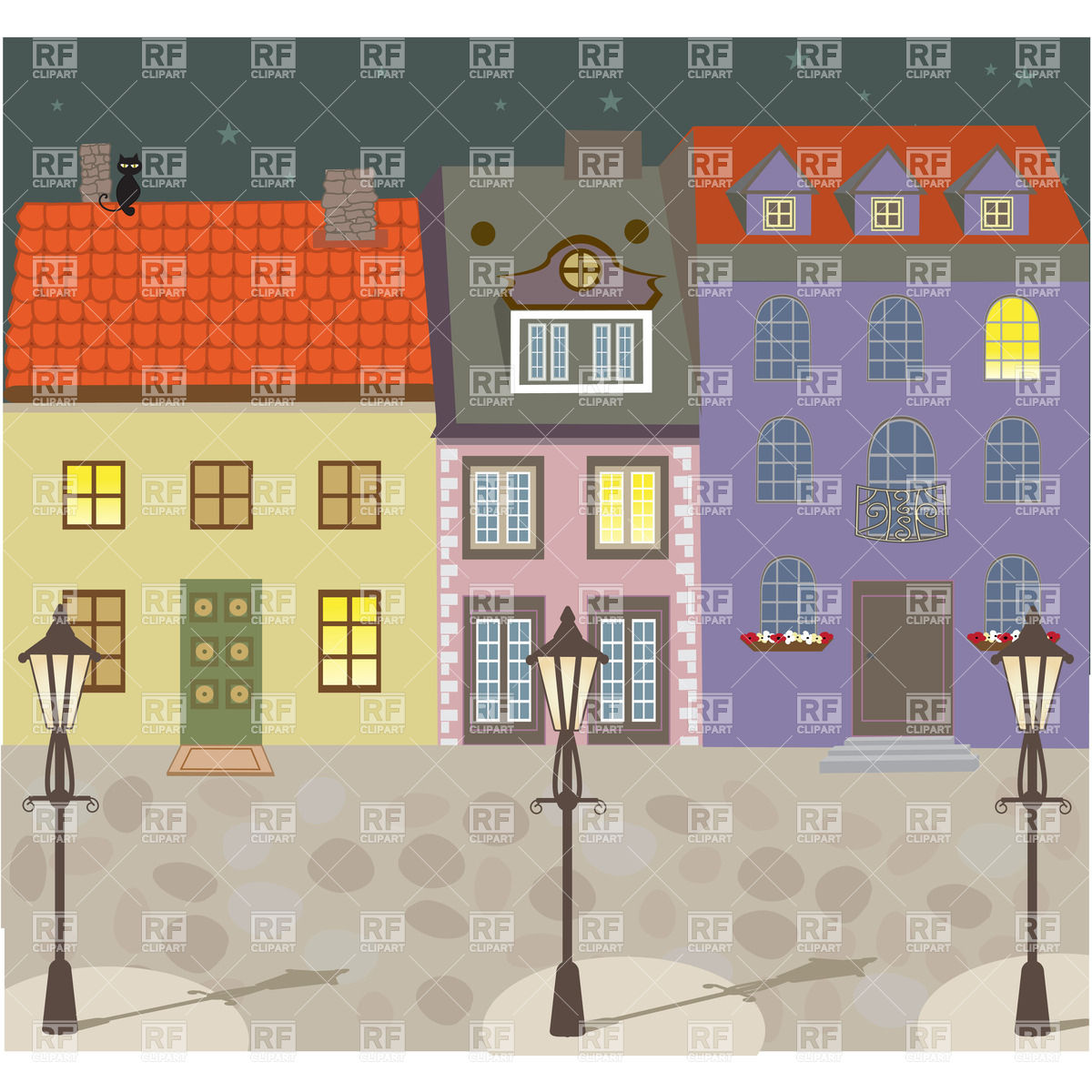 Old European Street With Street Lights Paving Blocks And Tiled Houses