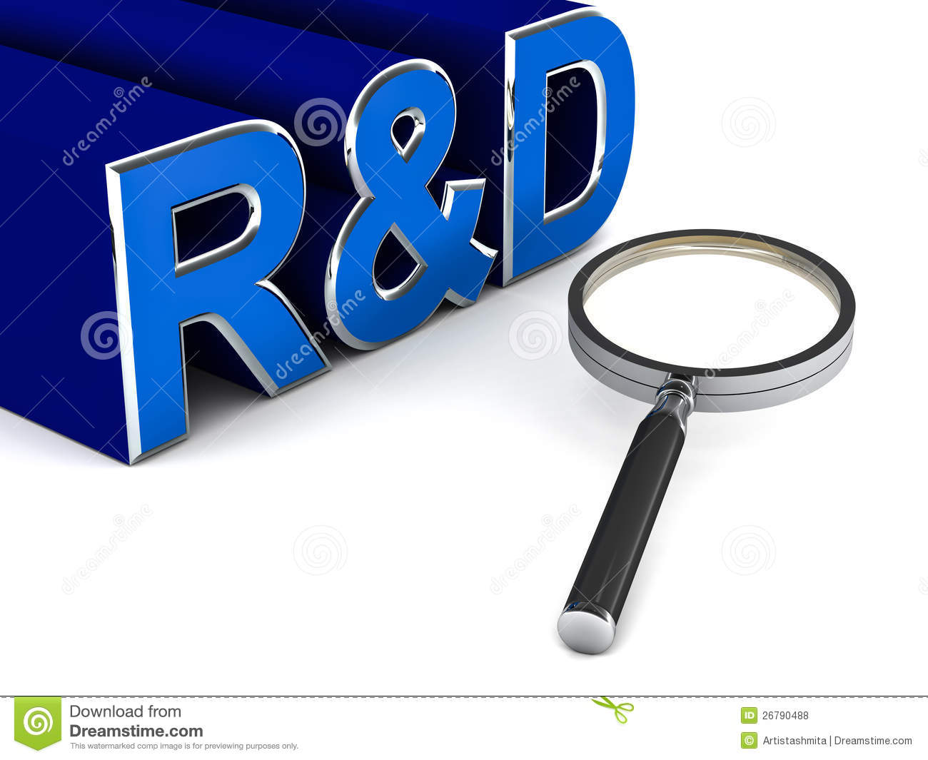 Or Research And Development Text On White Background With Lens