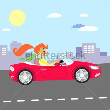 People   Fashion Girl In The Red Car Driving Vector Illustration