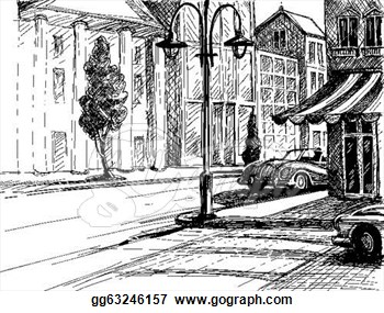 Retro City Sketch Street Buildings And Old Cars Vector Illustration