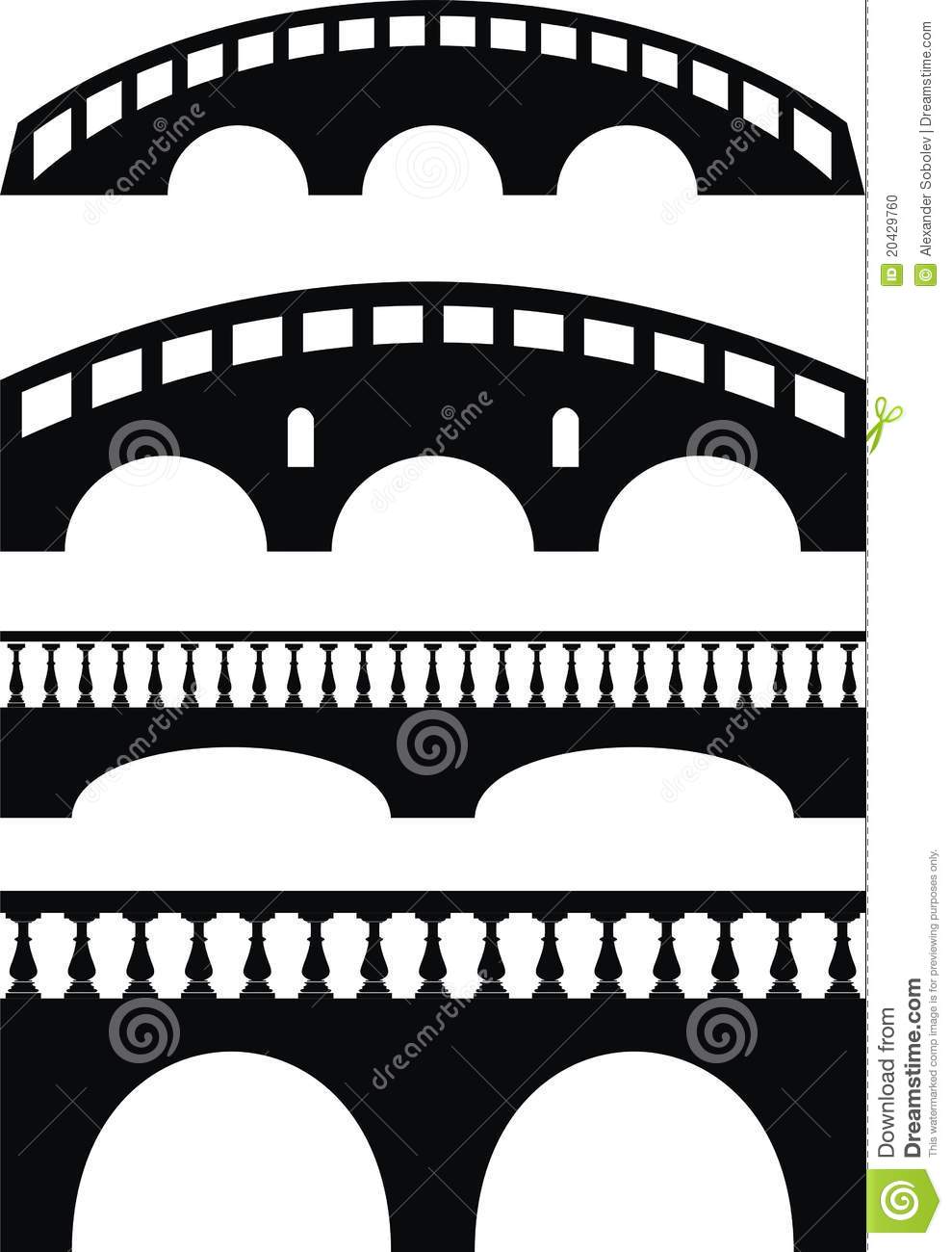 Set Of Ancient Stone Bridge Black Silhouettes Balustrade   Isolated