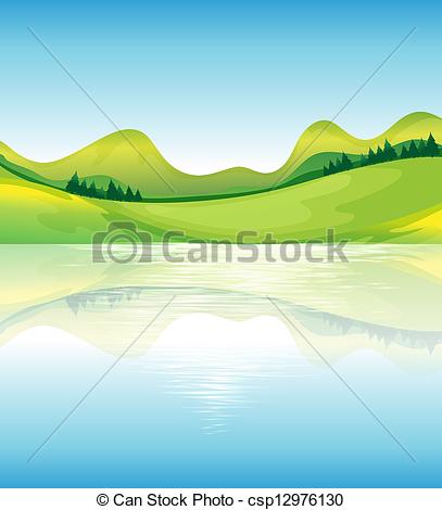 Vector   A View Of The Water And The Green Land Resources   Stock