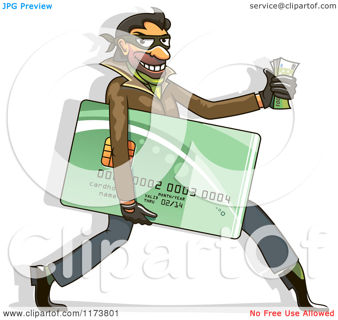 Clipart Of A Hacker Identity Thief Carrying A Credit Card And Cash