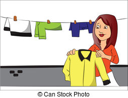 Vector Of Woman Hanging Clothes On Clothesline  Vector Illustration