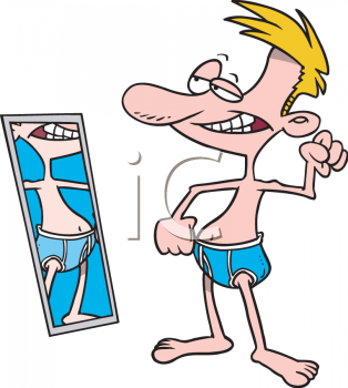 Cartoon Of A Skinny Vain Man Posing In Front Of A Mirror Clipart Image