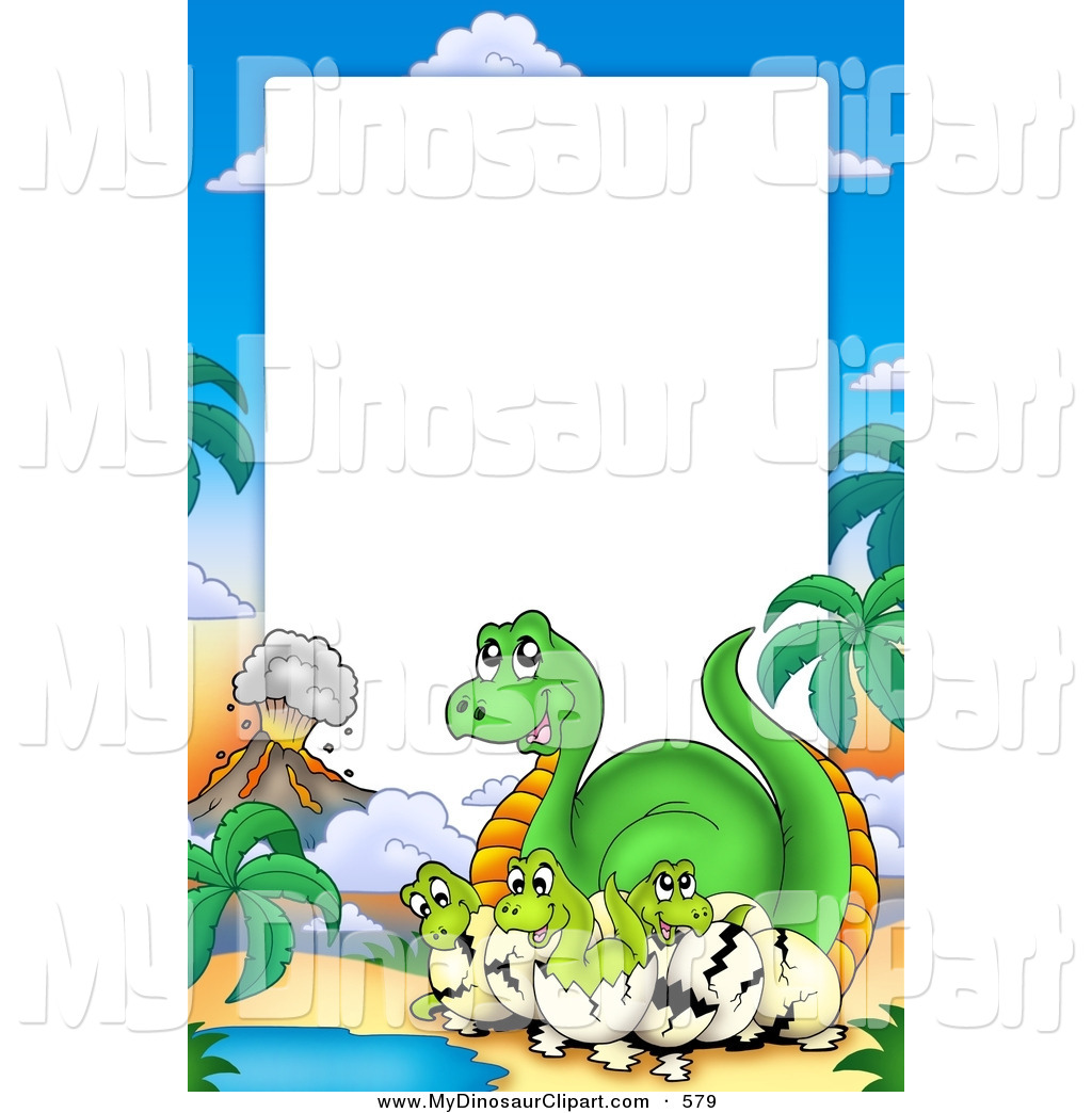 Larger Preview  Clipart Of A Hatching Green Dinosaur And Volcano Frame