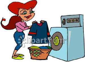 Woman Folding Laundry Into A Laundry Basket   Royalty Free Clipart