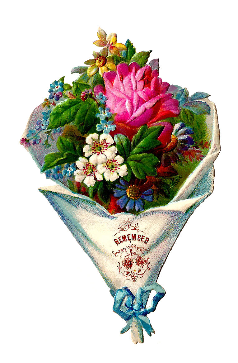Art  Victorian Die Cut Of Flower Bouquet Pink Rose And Blue Ribbon
