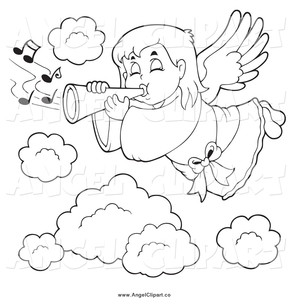 Black And White Angel Girl Playing A Trumpet In Heaven Black And White