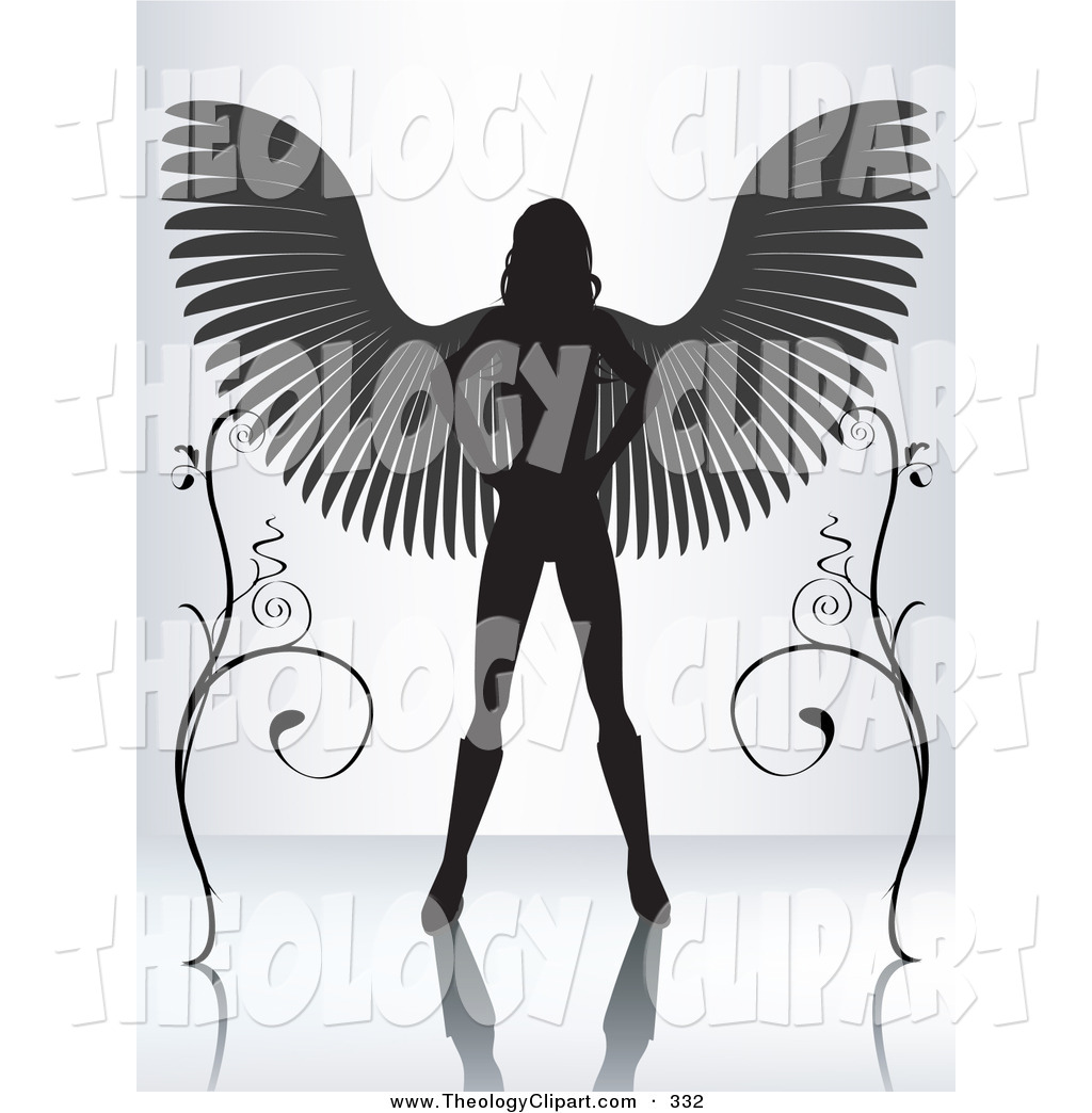 Black Silhouetted Female Angel Standing With Her Wings Spanned Between    