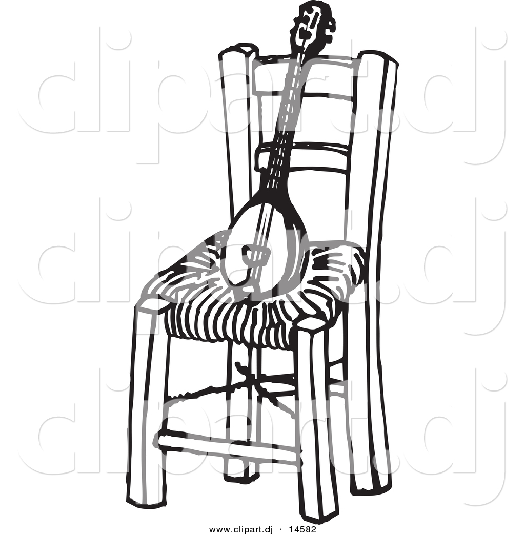 Clipart Of A Baglamas Instrument On Wood Chair   Black And White