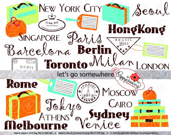 Let S Go Somewhere Travel Digital Clip Art Set  Suitcase Luggage Stamp