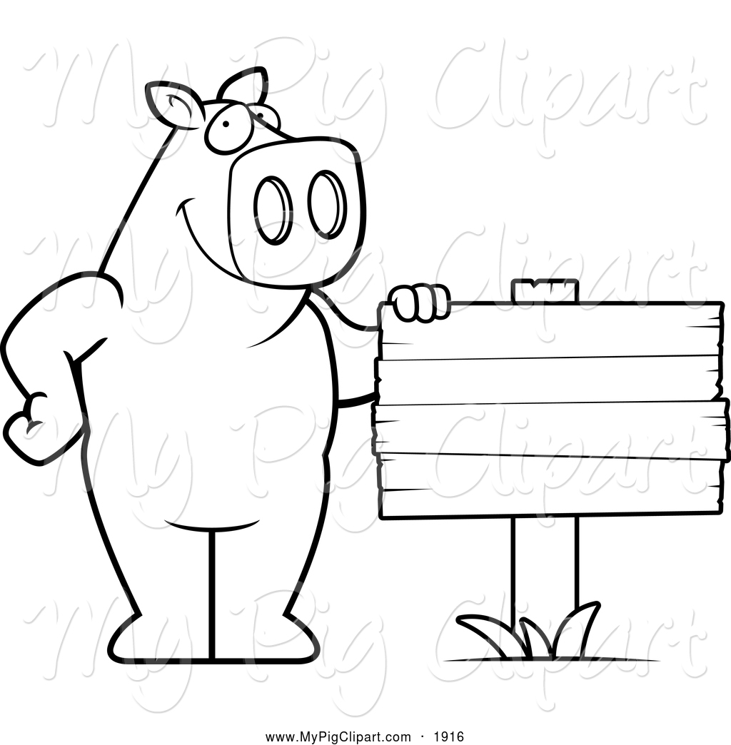 Swine Clipart Of A Black And White Pig Beside A Blank Wood Sign By