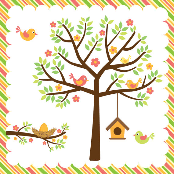      Trees Birdhouse And Nest   It S A Warm Spring   Digital Clip Art