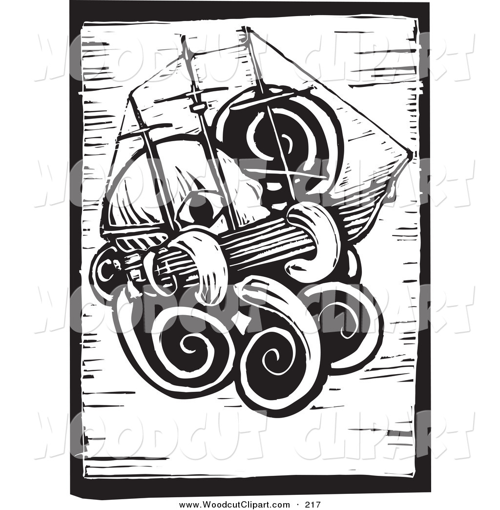 Vector Clip Art Of A Black And White Wood Engraving Styled Squid With