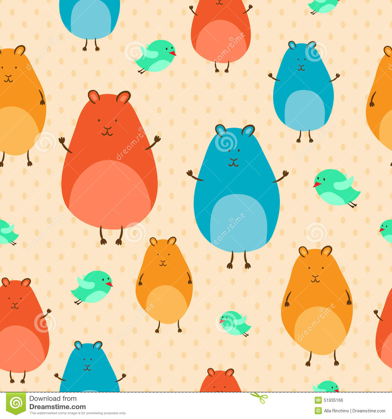 Vector Seamless Pattern With Cartoon Cute Hamsters And Birds  Endless