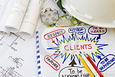 Client Relationship Abstract With Engineering Tools And Hard Hat 