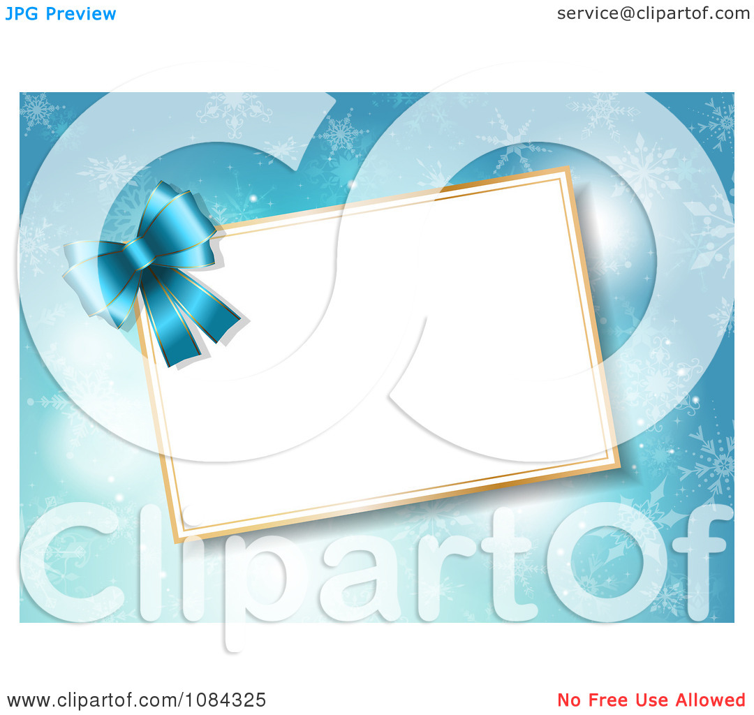 Clipart 3d Blue Bow And Christmas Tag Over Snowflakes   Royalty Free