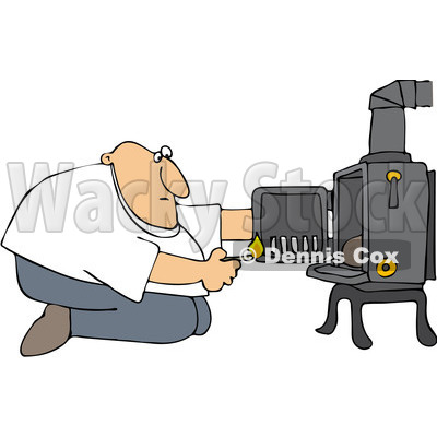 Clipart Man Kneeling In Front Of His Heat Stove To Light A Fire