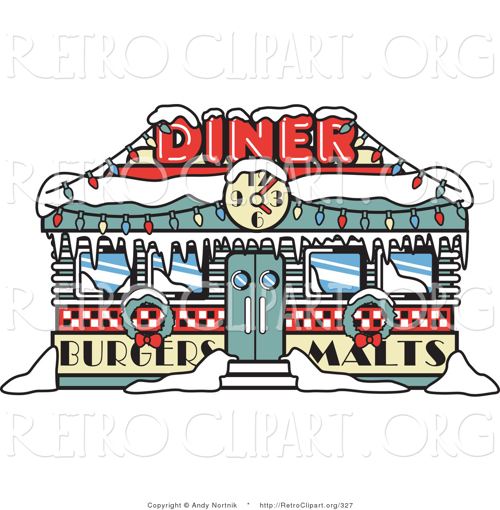 Retro Clipart Of A Retro Diner In Snow Decorated In Christmas Wreaths    