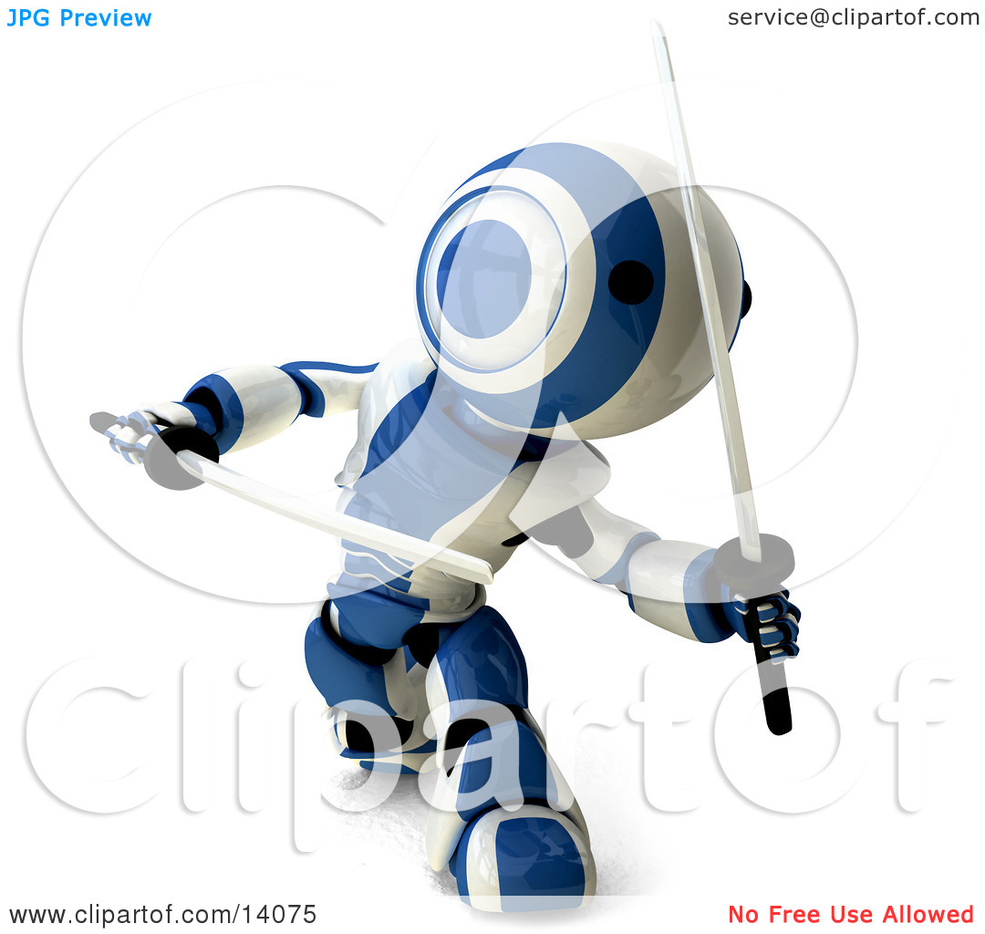 Blue And White Ninja Robot Fighting With Katanas Clipart Illustration