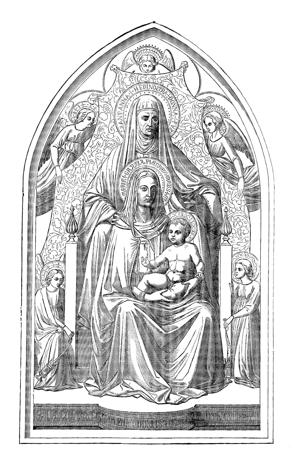 Clip Art  Vintage Black And White Illustration Of Mary And Baby Jesus