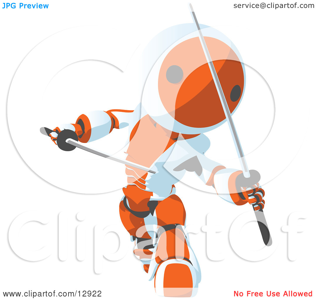 Orange Metal Robot Ninja Fighting With Swords Clipart Illustration By