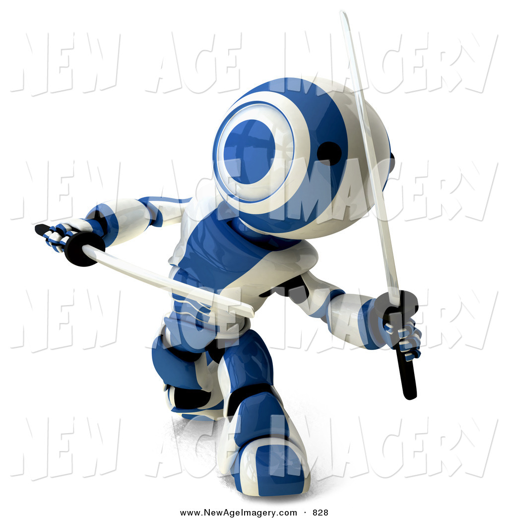 Red And White Ninja Robot Fighting With Katanas Clipart Illustration