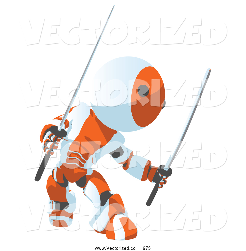 Strong And Defensive Orange Metal Robot Ninja Fighting With Swords