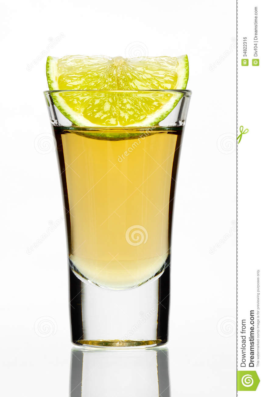 Tequila Shot With Lime Isolated On White 