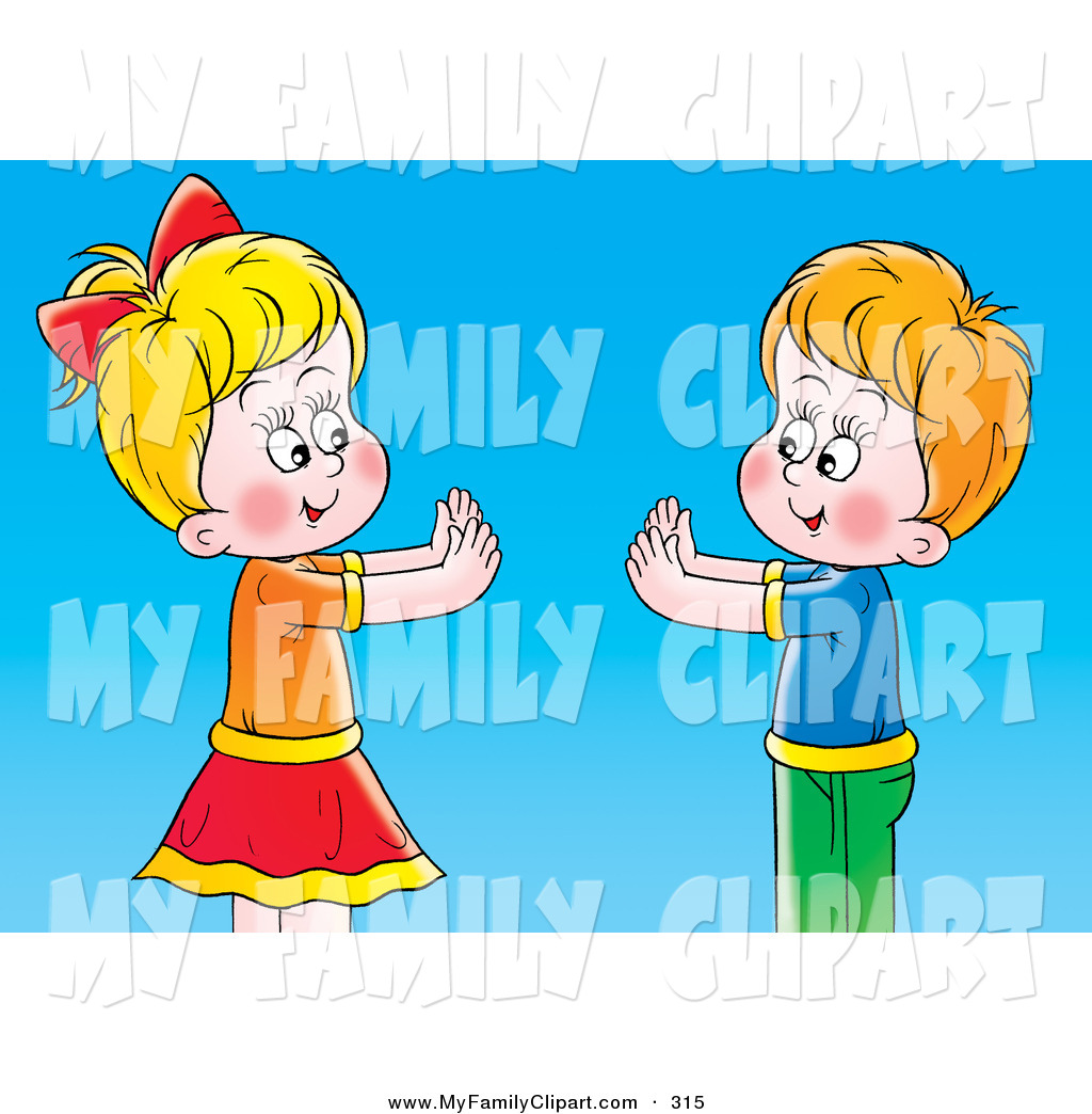     Art Of A Boy And Girl Playing Pat A Cake Over A Solid Blue Background