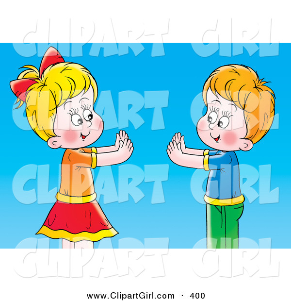 Clip Art Of A Smiling Boy And Girl Playing Pat Cake Over Blue Clipart