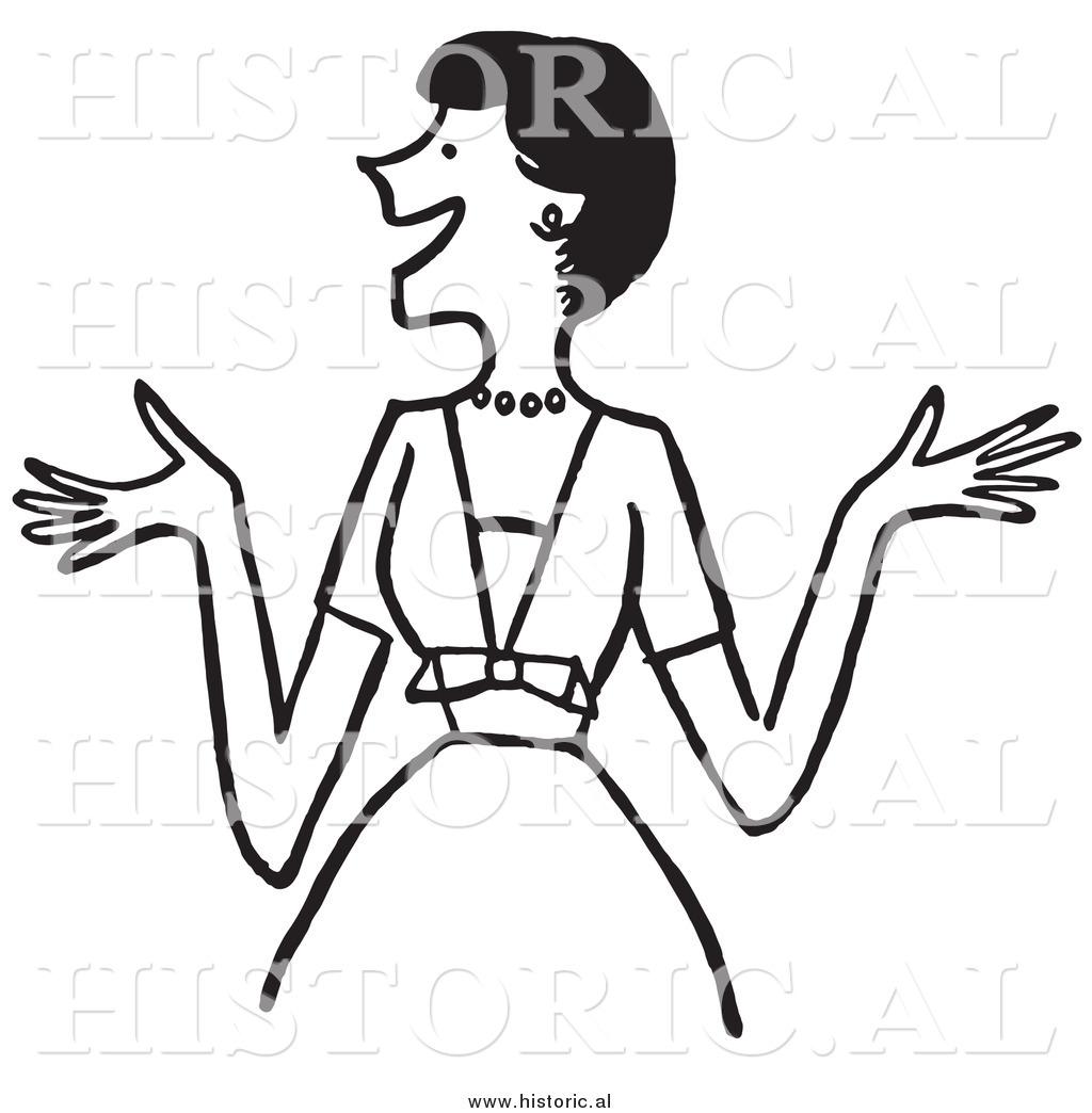 Clipart Of An Excited Woman With Big Smile   Retro Black And White