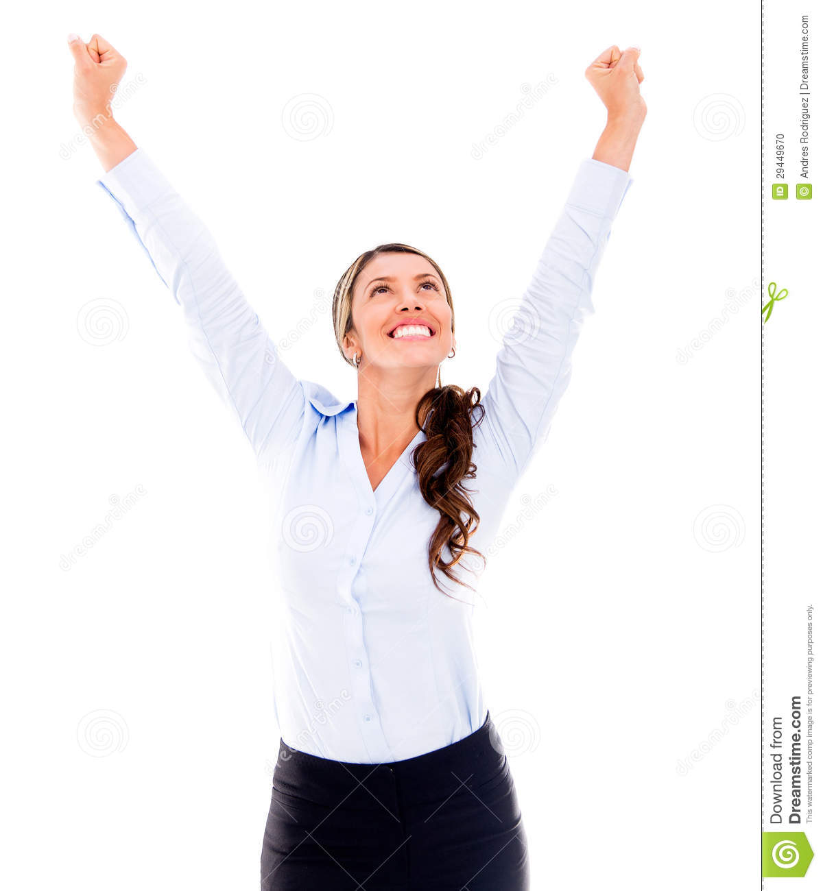 Excited Business Woman With Arms Up Celebrating   Isolated Over A