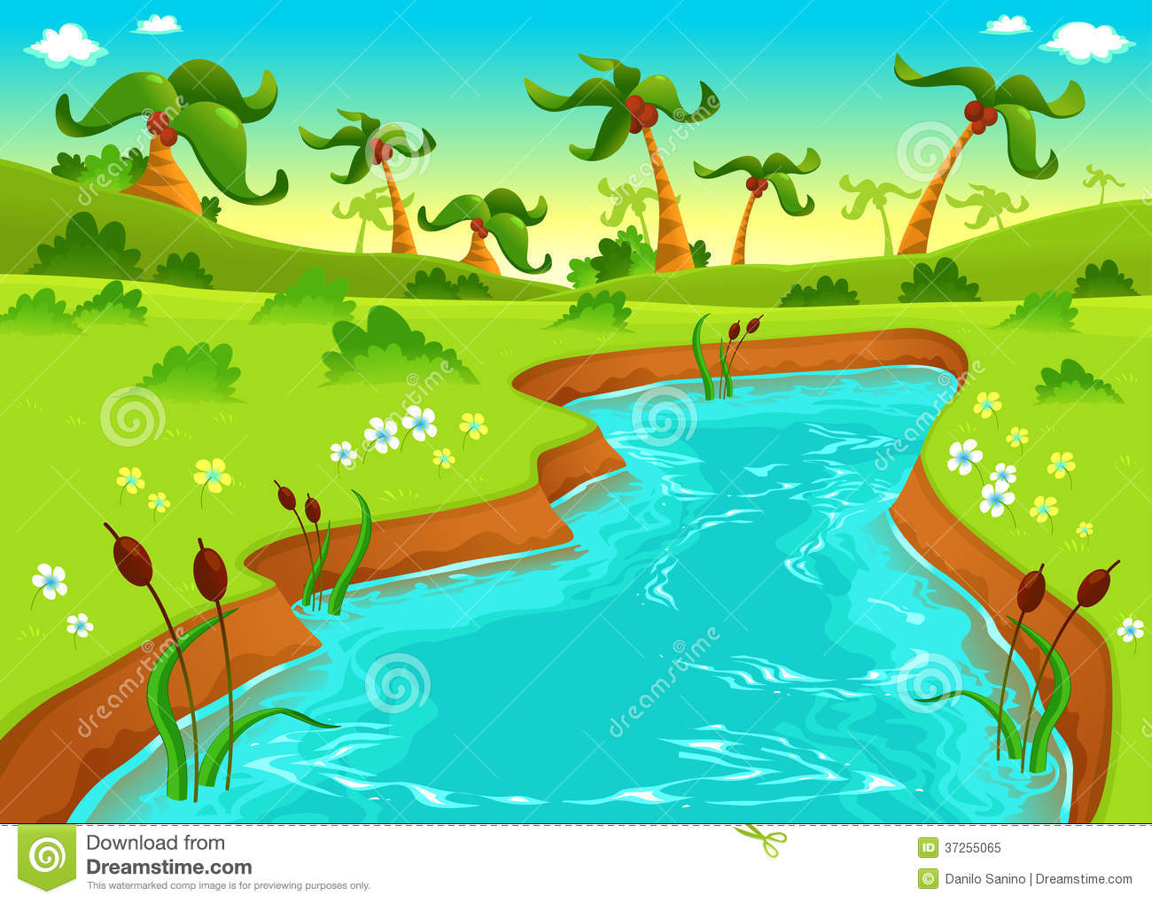 Jungle With Pond  Cartoon And Vector Illustration