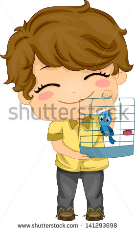 Of Little Boy With His Pet Bird In A Birdcage   Stock Vector