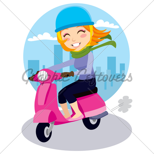 Pretty Girl Riding A Pink Scooter With Blue Hel   