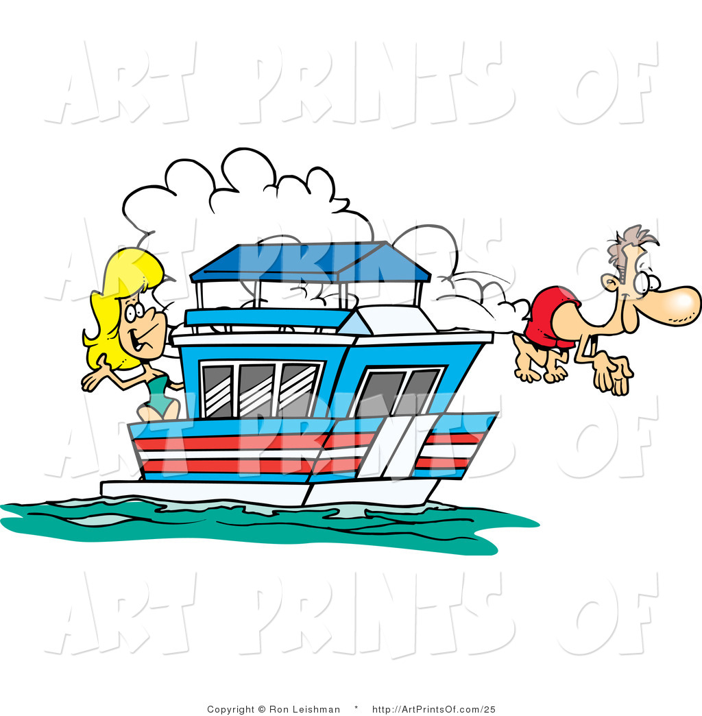 Print Digital File Of A Cartoon Couple On Their House Boat On The Lake