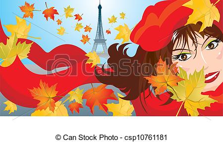 Vector Of Cute Woman Face With Red Scarf And Beret And Maple Leafs And    