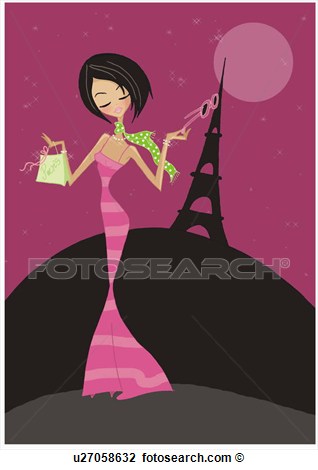     Woman In Evening Gown In Front Of Profile Of The Eiffel Tower In Paris