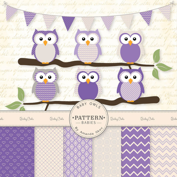 Baby Owls Clip Art   Digital Paper Set   Owl Clipart Purple Owl    