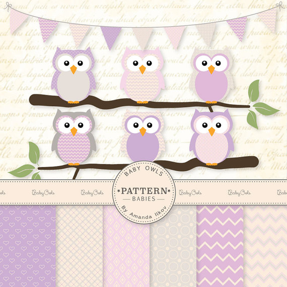 Baby Owls Clip Art   Digital Paper Set   Owl Clipart Purple Owl