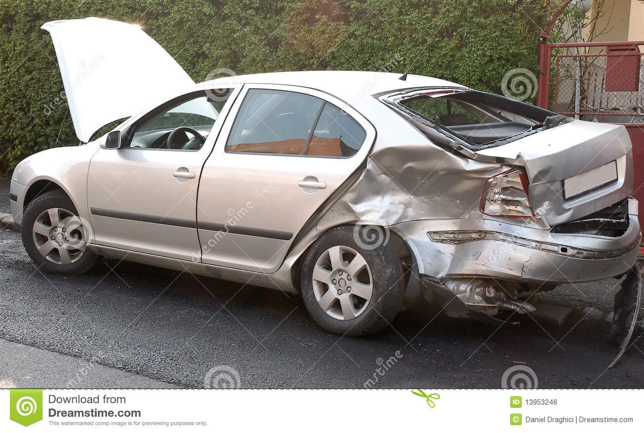 Car Damaged In Car Crash Back Of The Car Is Damaged  Car Color Is