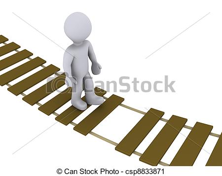 Clipart Of Person Walking On Damaged Bridge   3d Person Walking On A